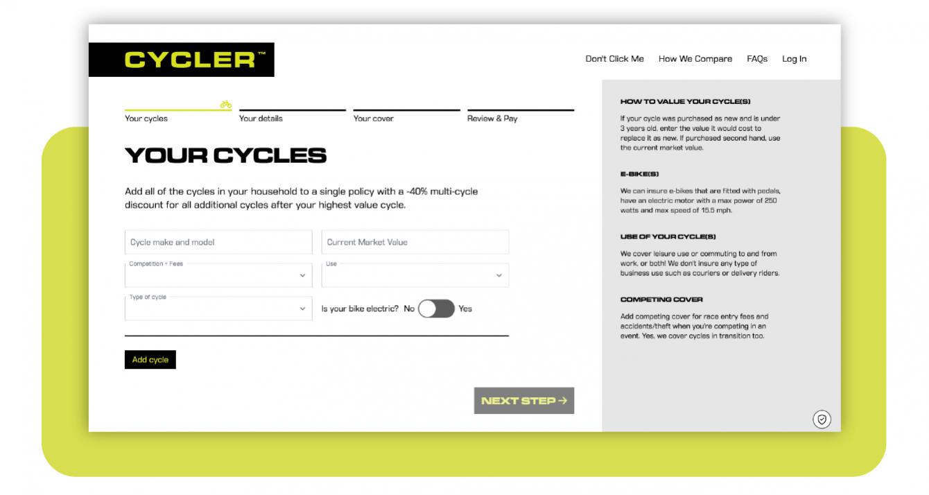 A screenshot of the quote and buy engine on Cycler - desktop