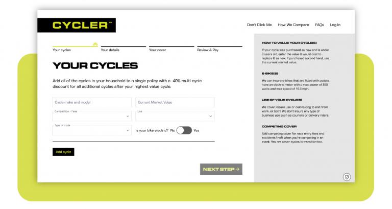 A screenshot of the quote and buy engine on Cycler - mobile